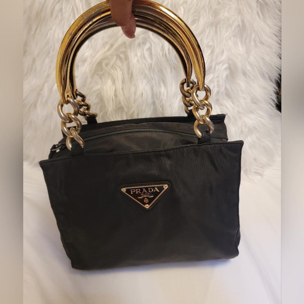 Vintage Prada tessuto Nylon handbag w/Gold Metal Handle